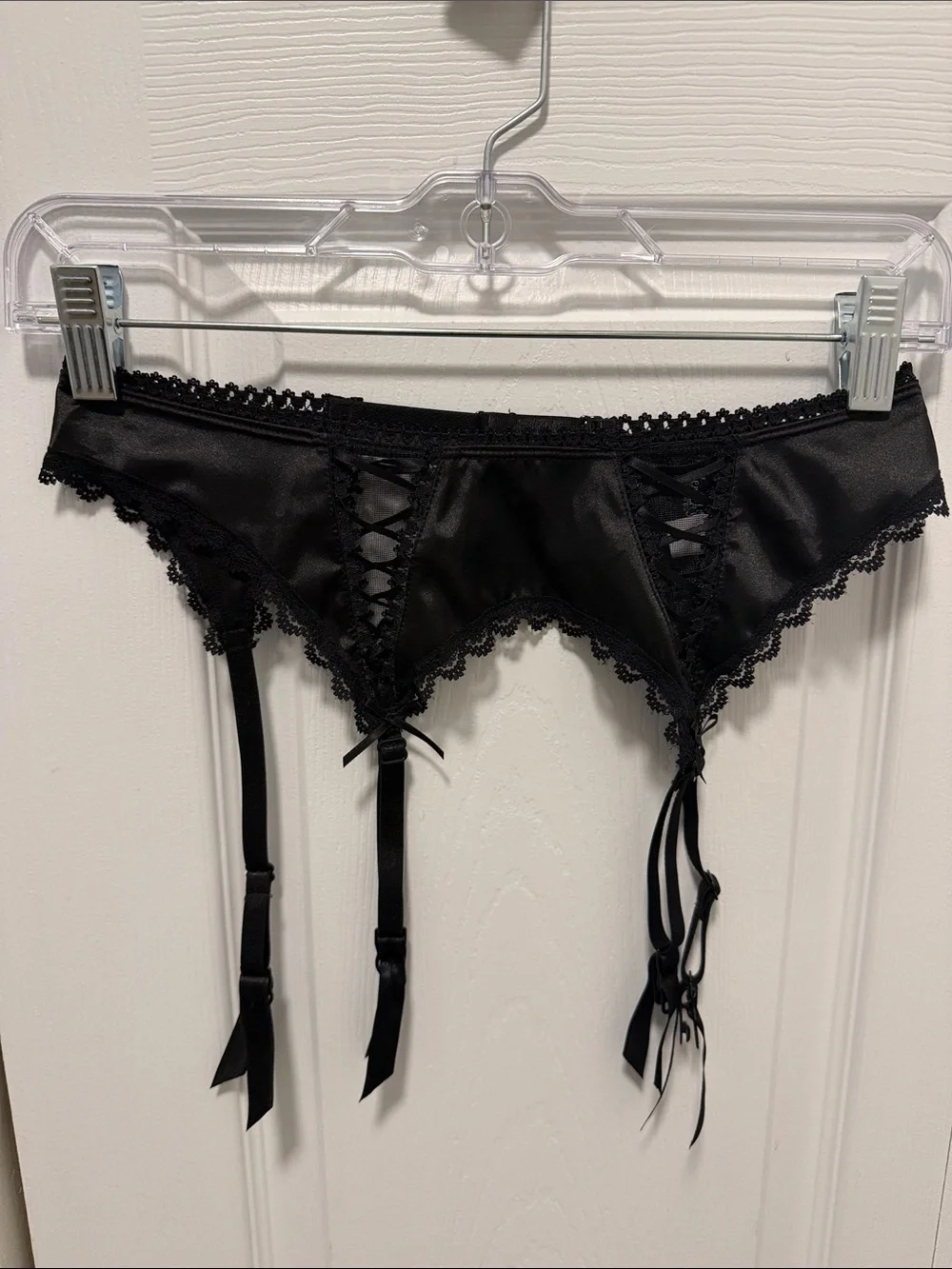 Frederick's of Hollywood Black Satin Lace-Up Garter Belt